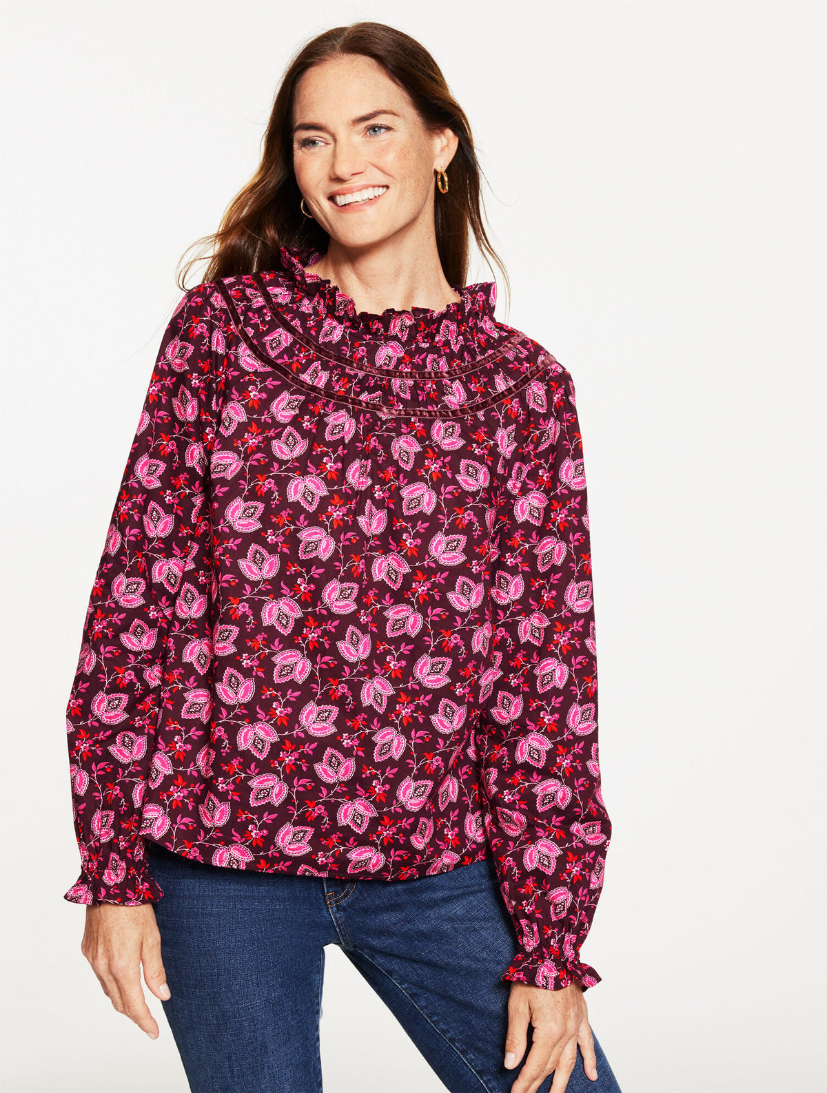 VELVET TRIM SMOCKED TOP - LUMINOUS FLORAL | Talbots