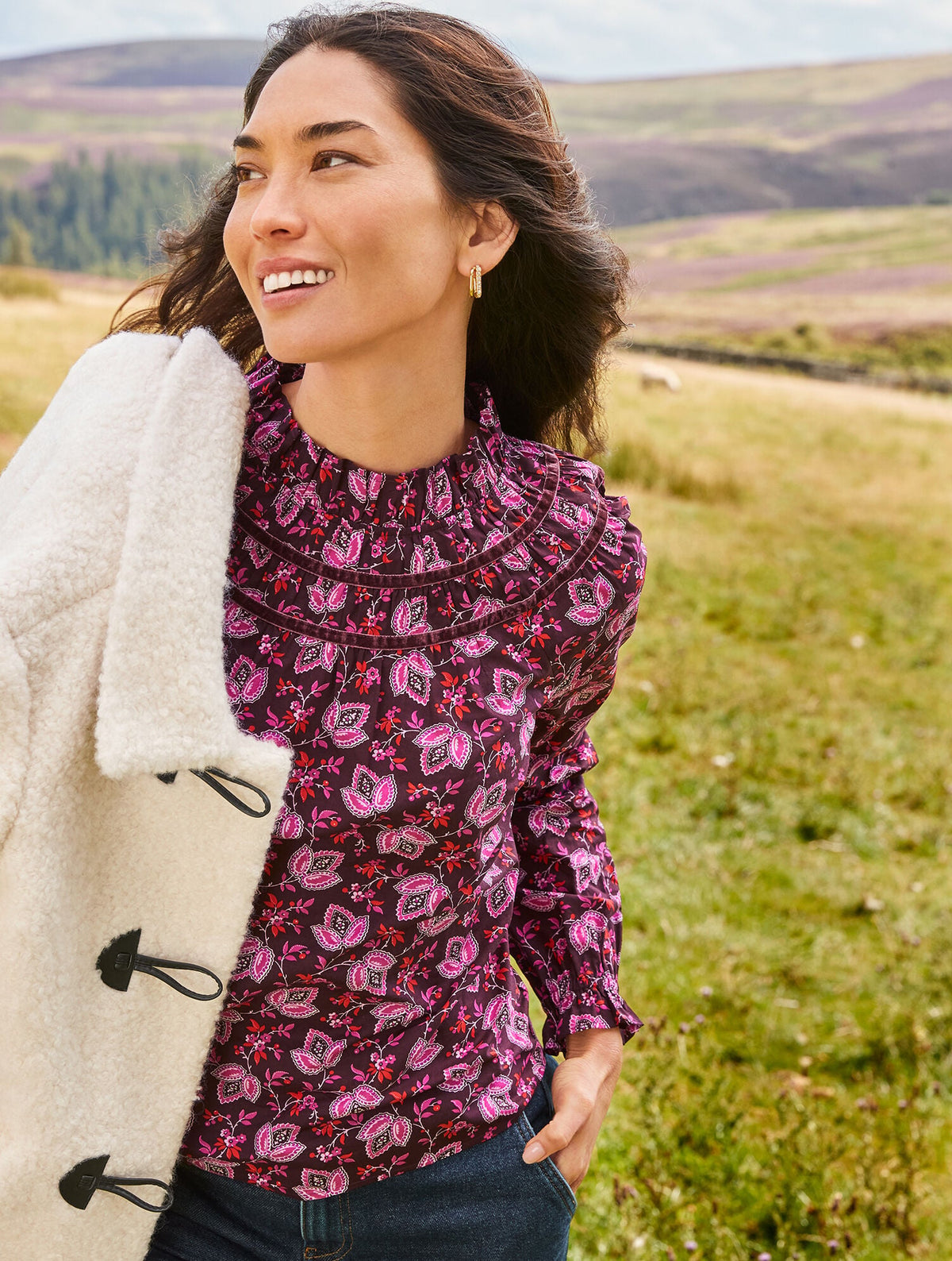 VELVET TRIM SMOCKED TOP - LUMINOUS FLORAL | Talbots