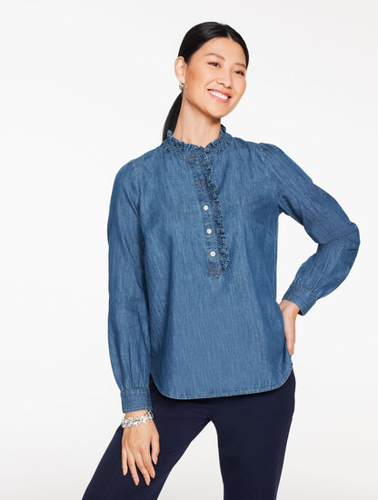 RUFFLE NECK DENIM POPOVER | Talbots