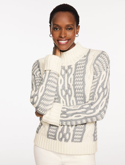BICOLOR CABLE MOCKNECK SWEATER | Talbots