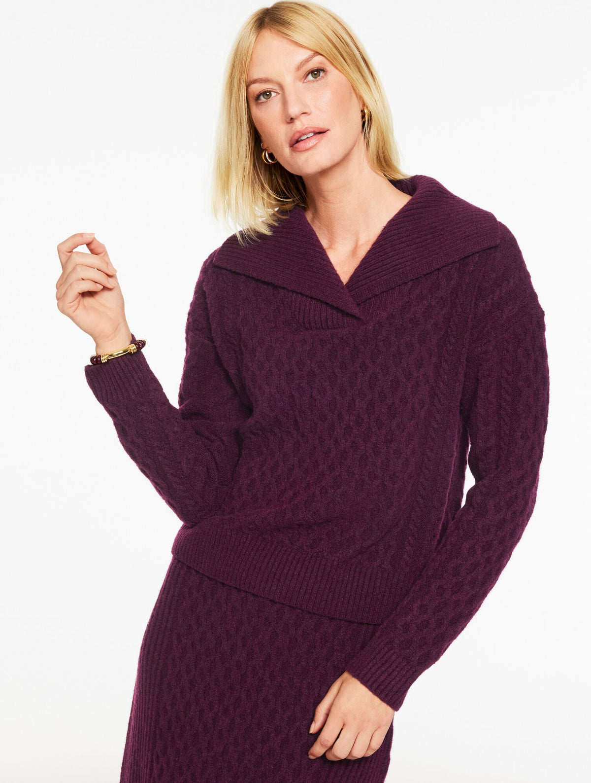 MIXED CABLE SHAWL COLLAR SWEATER | Talbots