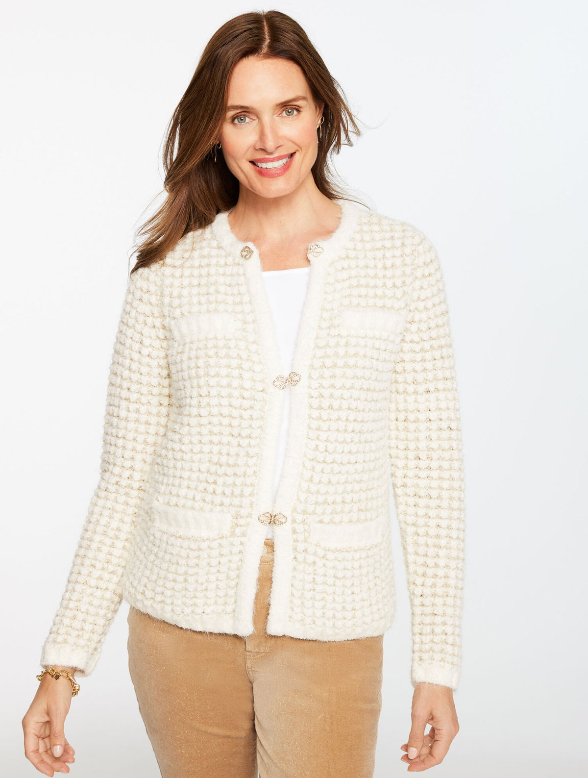 TEXTURED METALLIC CREWNECK CARDIGAN | Talbots