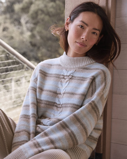 WOOL BLEND CABLE STRIPE CREWNECK SWEATER | Talbots