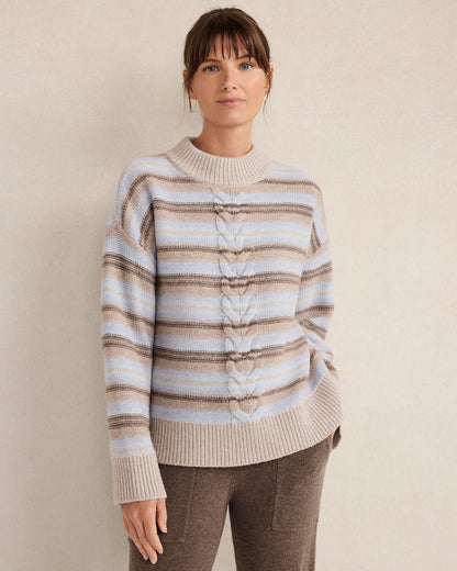 WOOL BLEND CABLE STRIPE CREWNECK SWEATER | Talbots