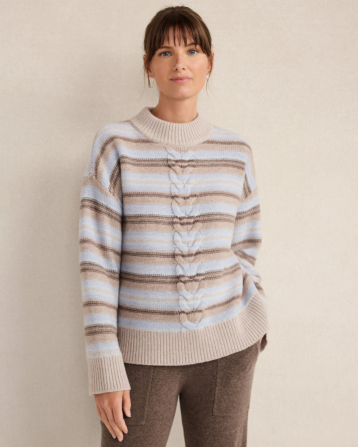 WOOL BLEND CABLE STRIPE CREWNECK SWEATER | Talbots
