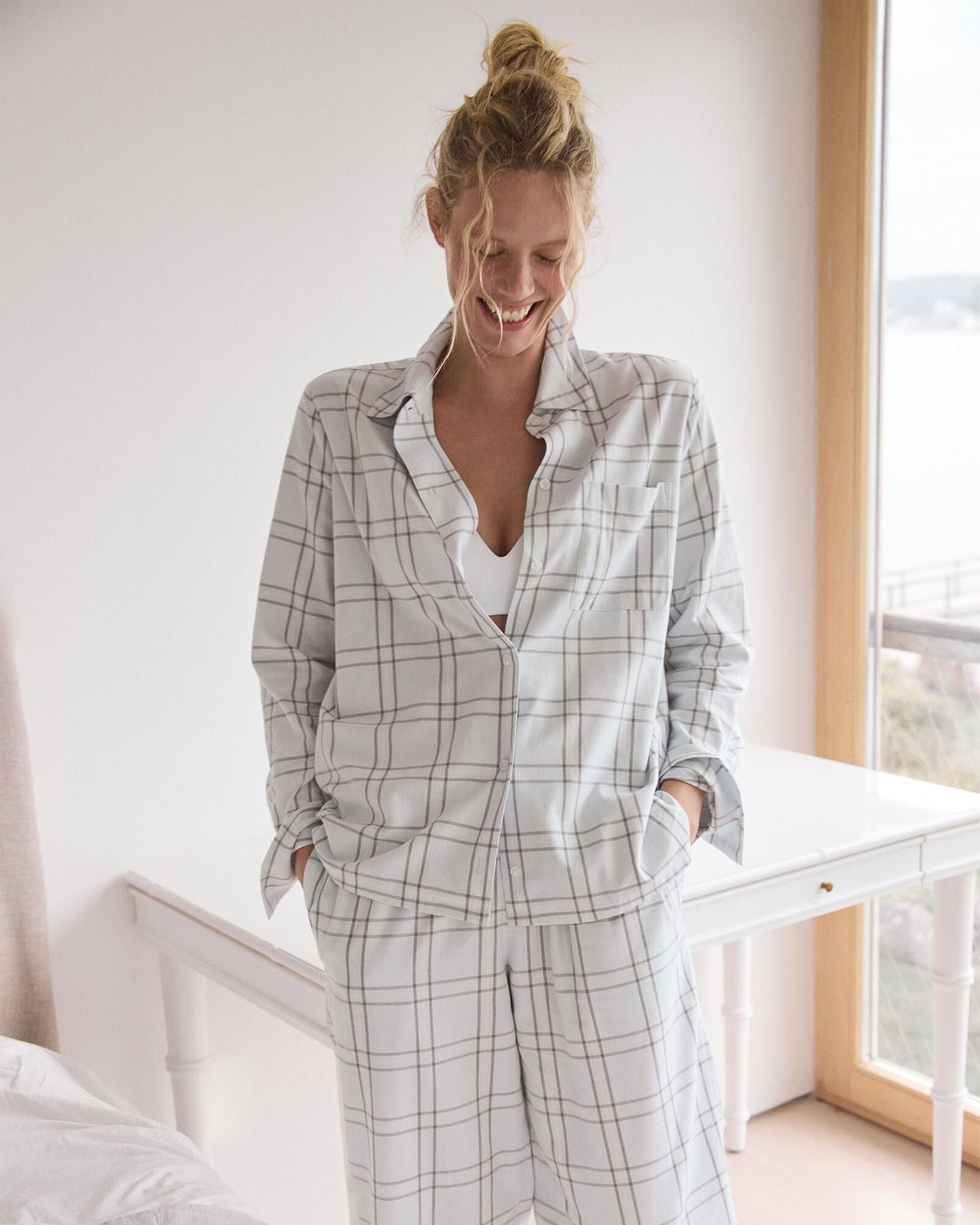 LIGHTWEIGHT FLANNEL WINDOWPANE PAJAMA TOP | Talbots