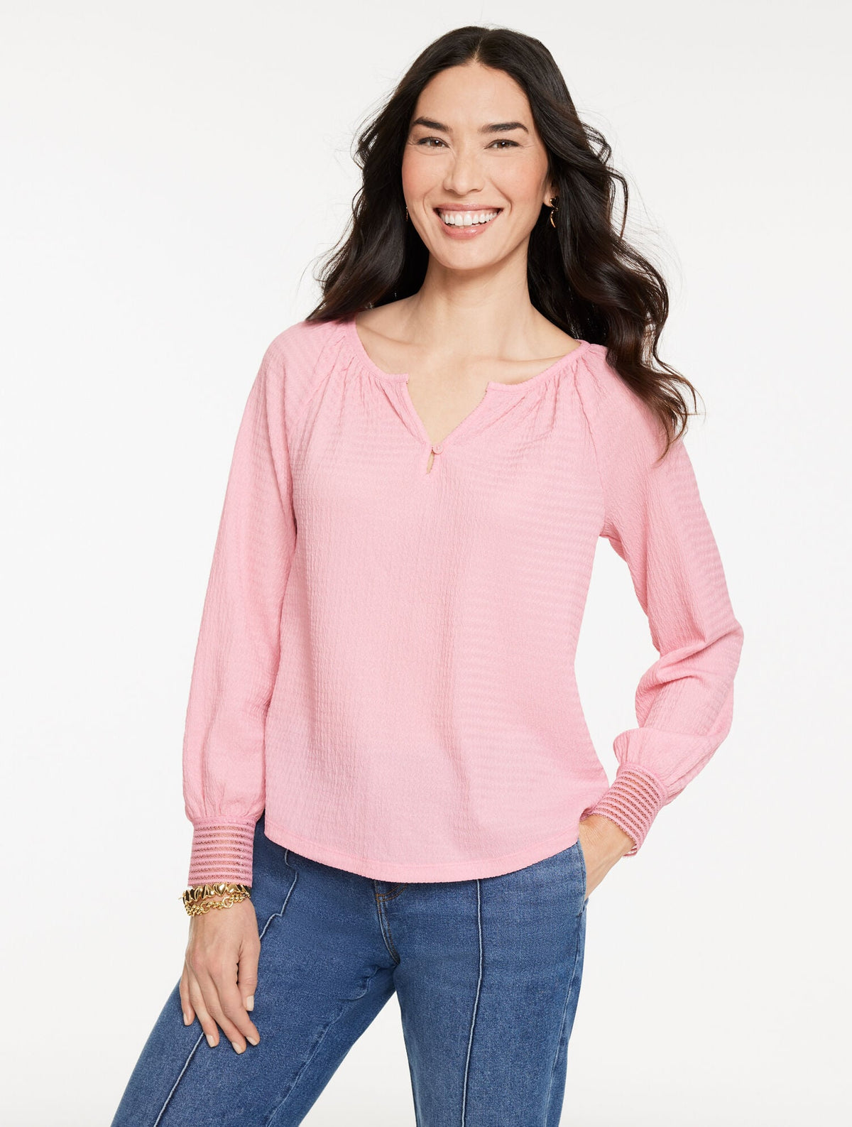CRINKLE SPLIT NECK TOP | Talbots