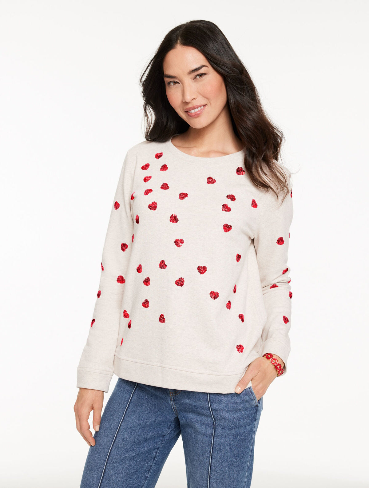 CREWNECK SWEATSHIRT - TOSSED SEQUIN HEARTS | Talbots