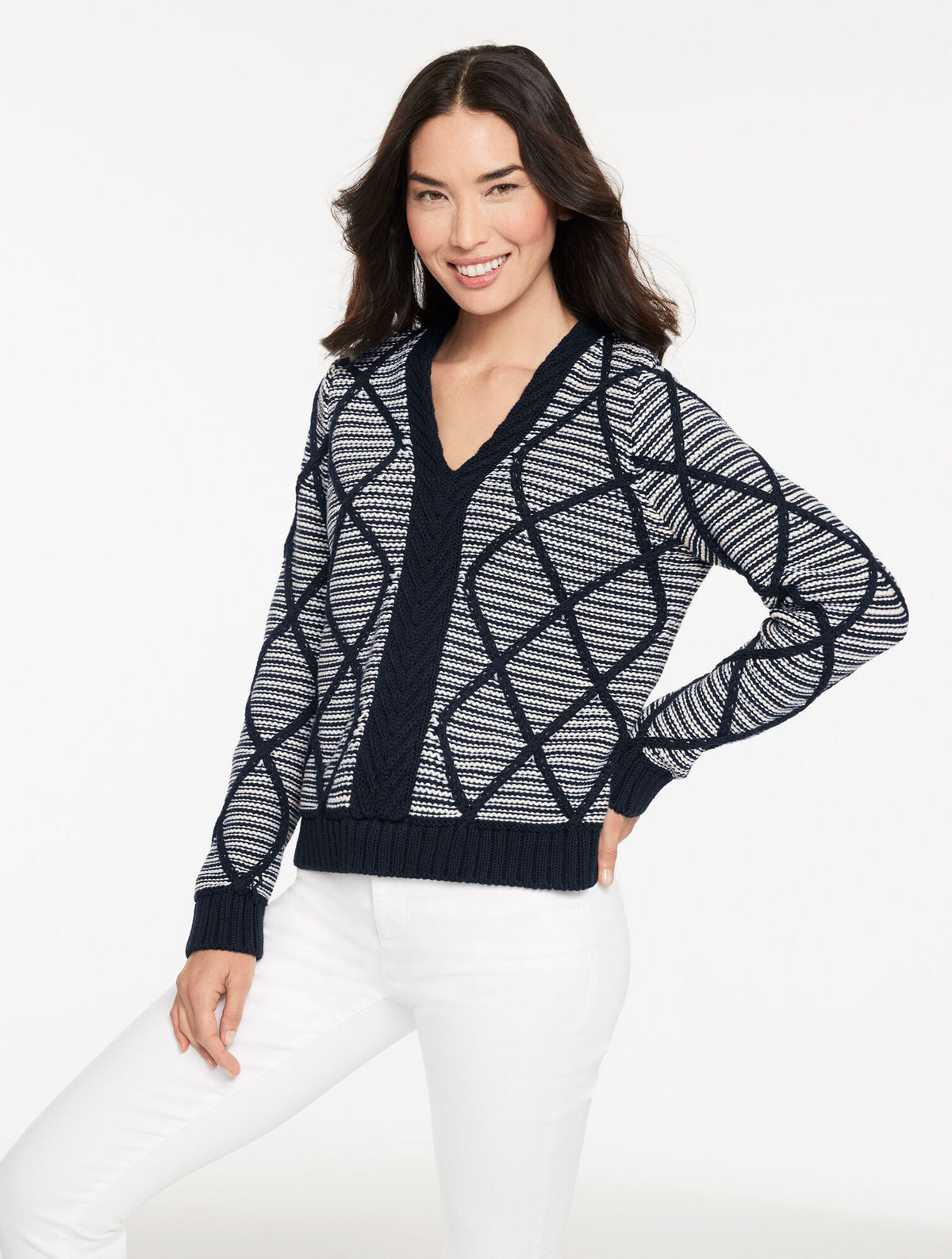 DIAMOND CABLE V-NECK PULLOVER - STRIPE | Talbots