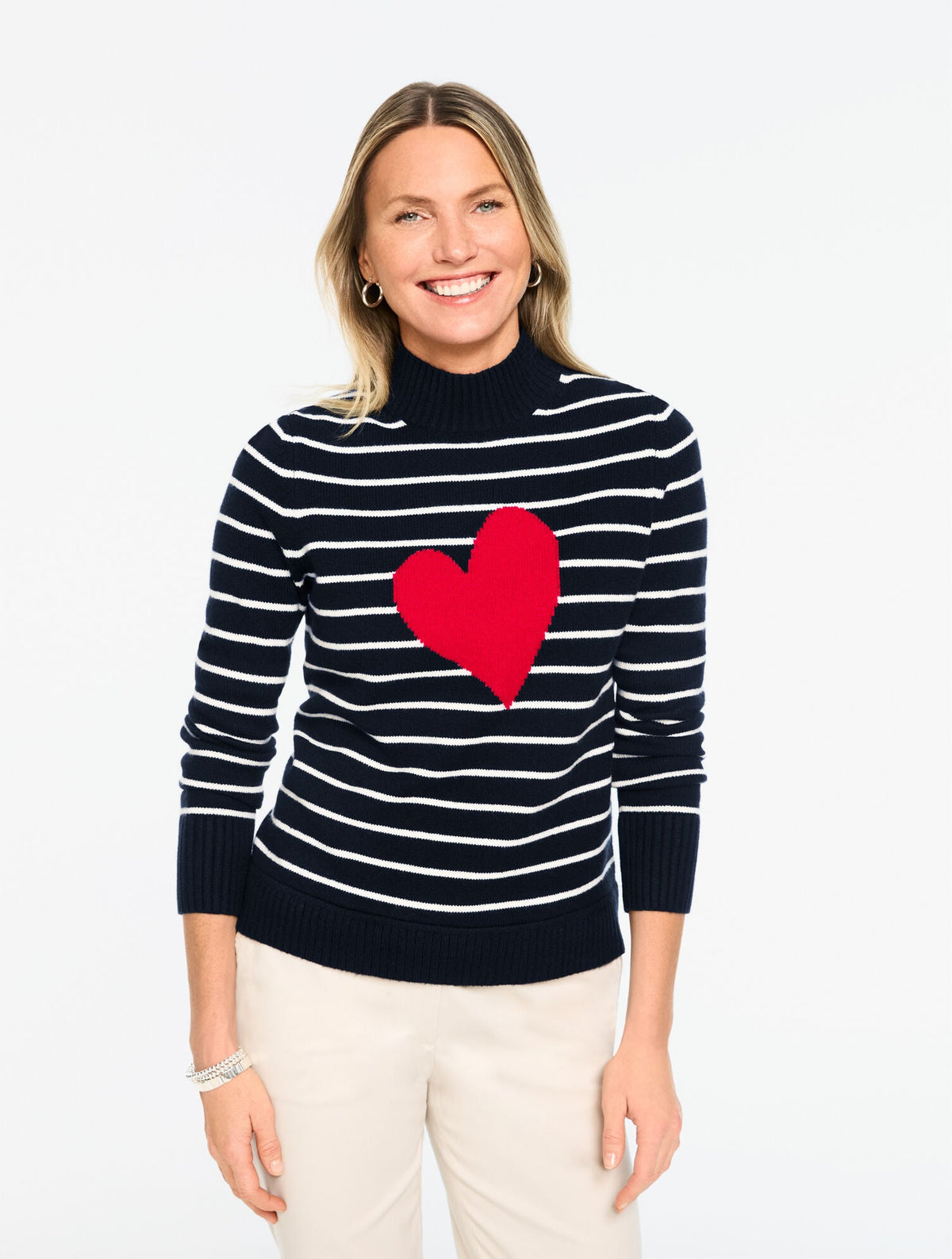 MOCKNECK PULLOVER - STRIPE INTARSIA HEART | Talbots