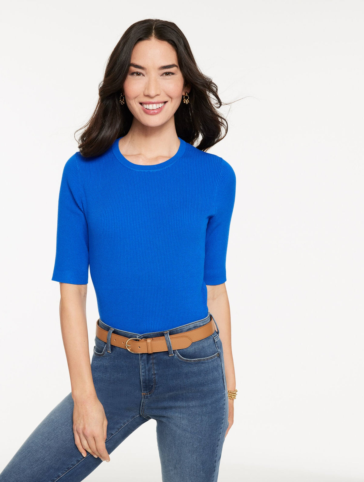 ELBOW SLEEVE RIBBED CREWNECK SWEATER | Talbots