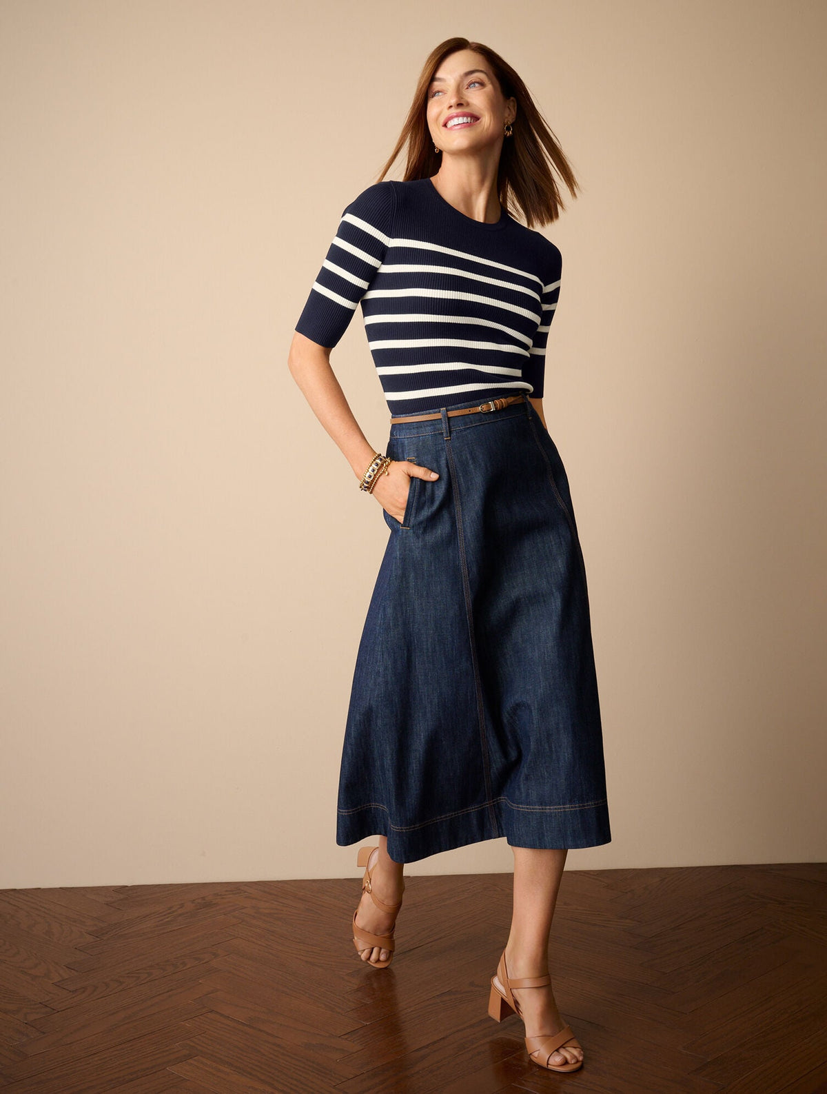 ELBOW SLEEVE RIBBED CREWNECK SWEATER - STRIPE | Talbots