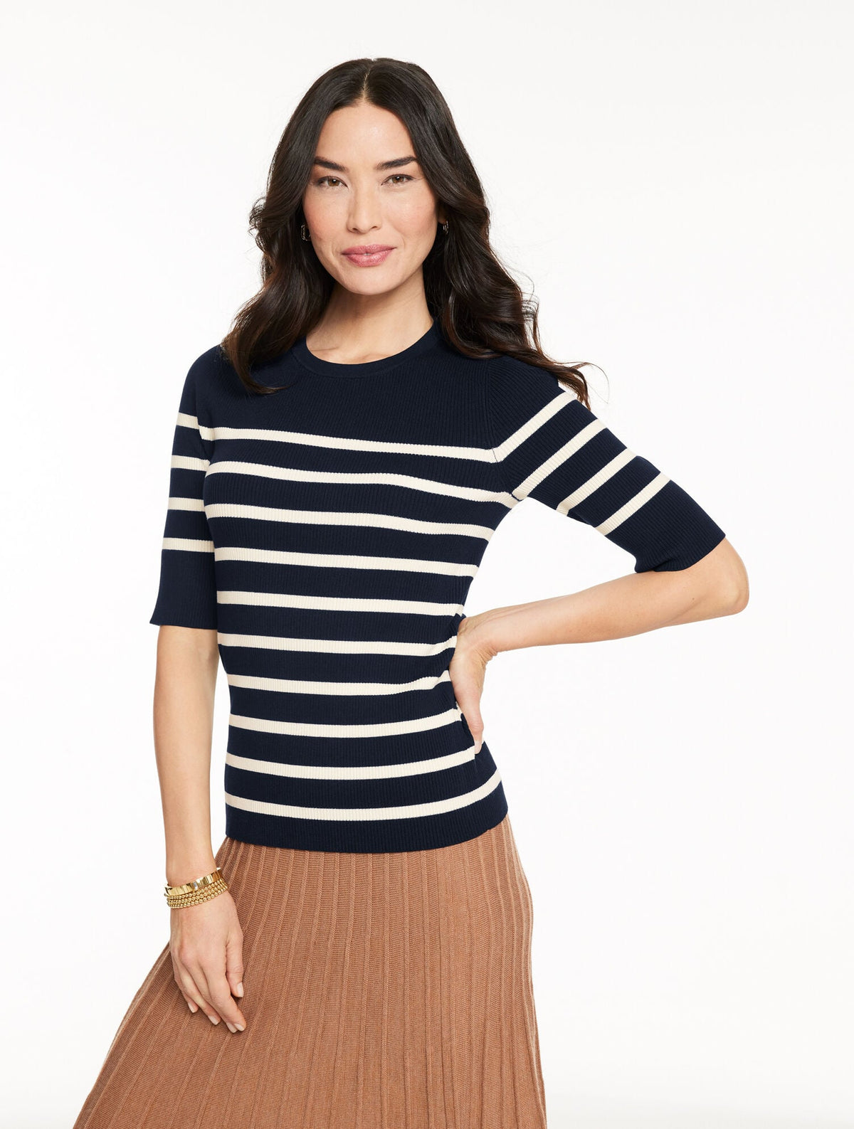 ELBOW SLEEVE RIBBED CREWNECK SWEATER - STRIPE | Talbots