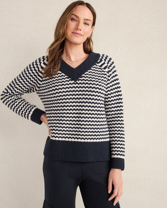 ORGANIC COTTON BLEND TWO-TONE V-NECK SWEATER | Talbots