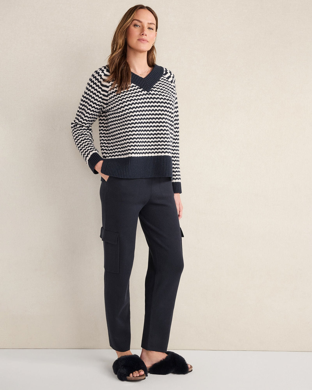 ORGANIC COTTON BLEND TWO-TONE V-NECK SWEATER | Talbots