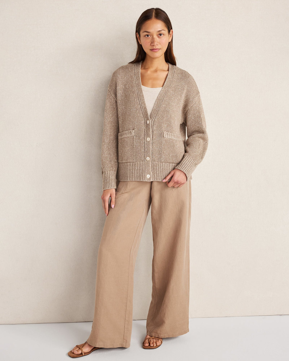 ORGANIC COTTON LINEN PLAITED V-NECK CARDIGAN | Talbots
