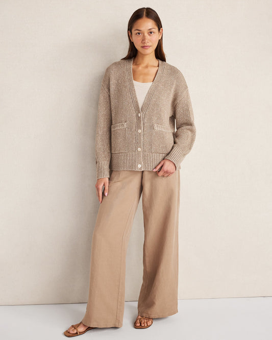 ORGANIC COTTON LINEN PLAITED V-NECK CARDIGAN | Talbots