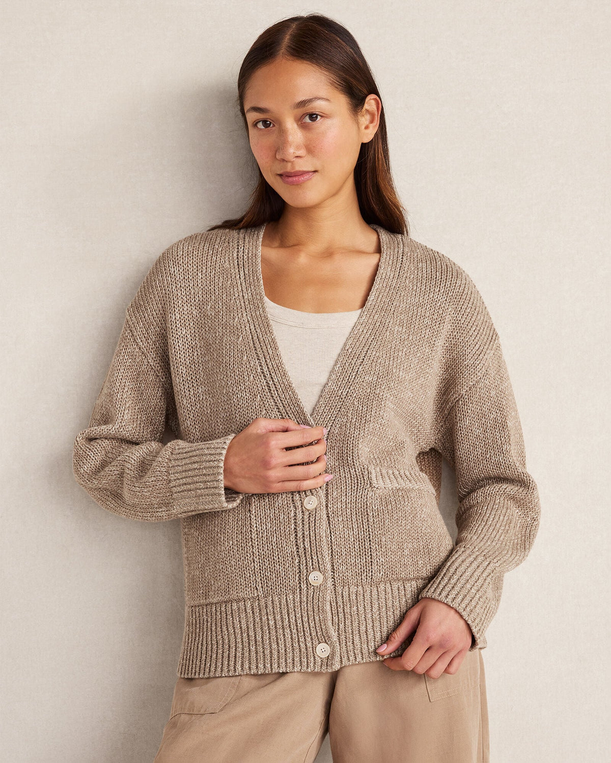 ORGANIC COTTON LINEN PLAITED V-NECK CARDIGAN | Talbots