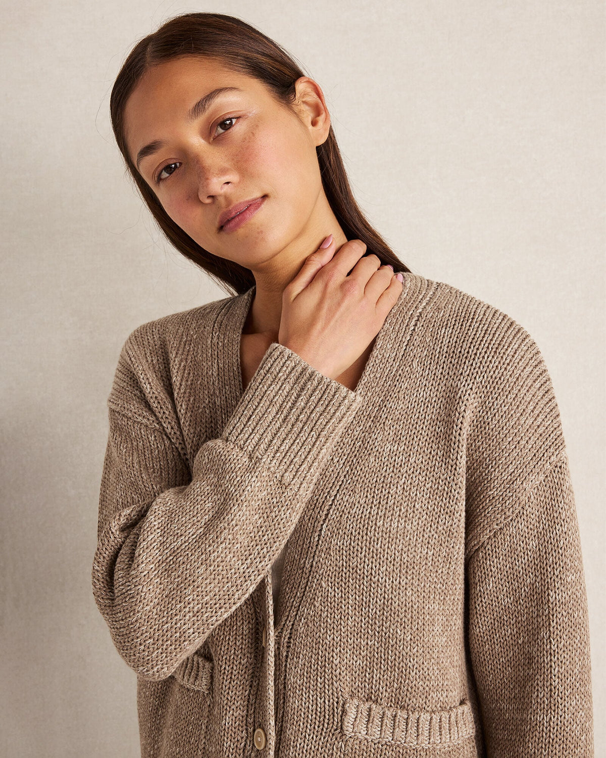 ORGANIC COTTON LINEN PLAITED V-NECK CARDIGAN | Talbots