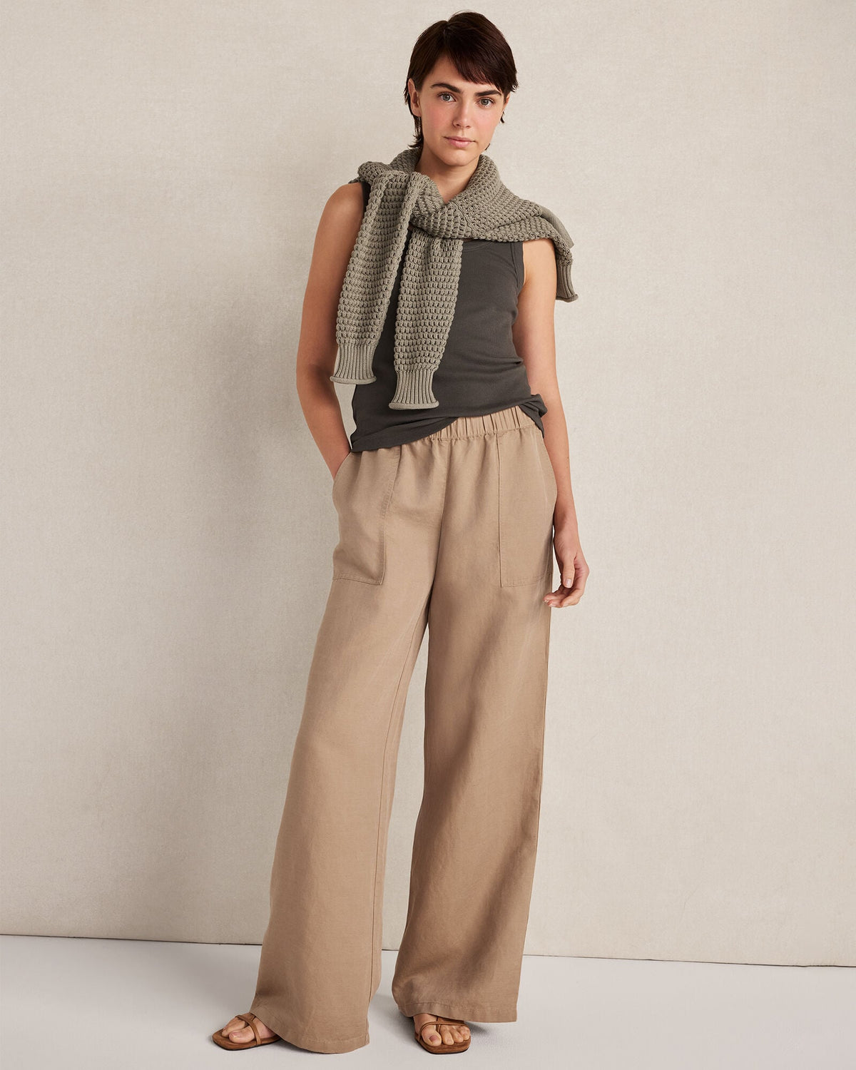 LINEN BLEND DOBBY WIDE LEG PANTS | Talbots