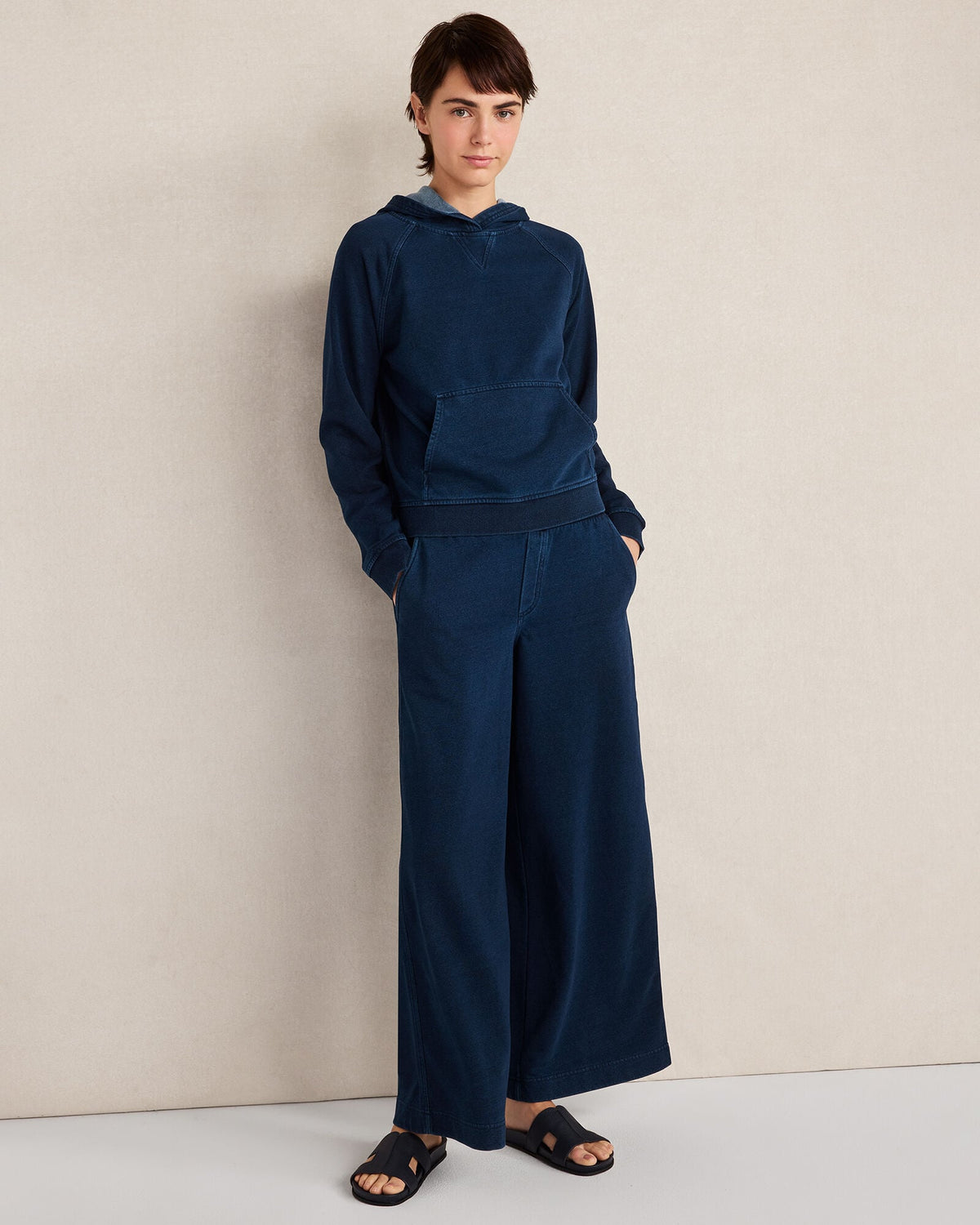 INDIGO COTTON TERRY WIDE LEG PANTS | Talbots