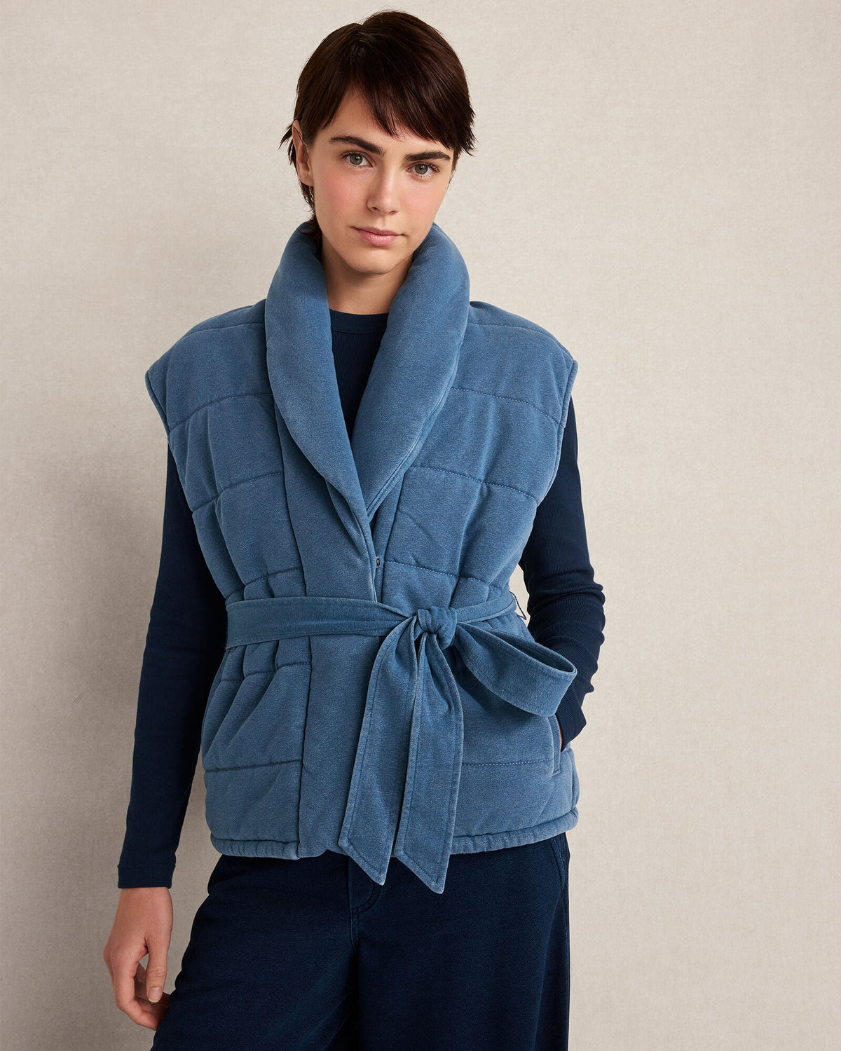 INDIGO COTTON TERRY QUILTED VEST | Talbots