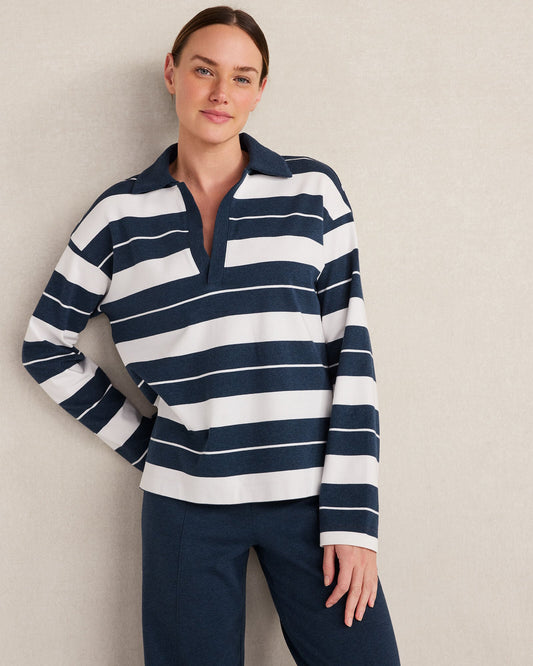 ORGANIC COTTON INTERLOCK STRIPE JOHNNY COLLAR TOP | Talbots