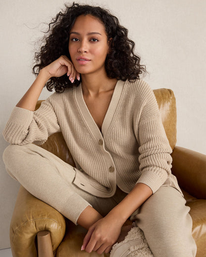 ORGANIC COTTON SHAKER STITCH HEATHERED CARDIGAN | Talbots