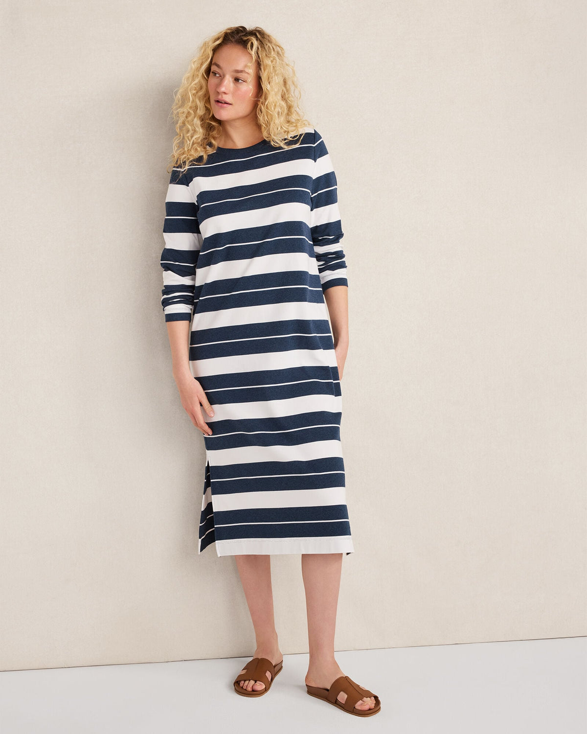 ORGANIC COTTON INTERLOCK STRIPE MIDI DRESS | Talbots