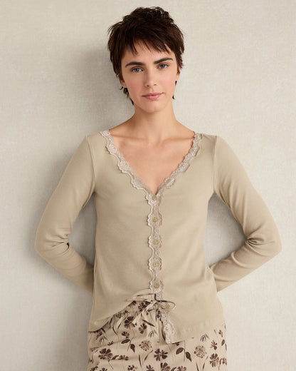 ORGANIC COTTON RIB KNIT LACE CARDIGAN | Talbots