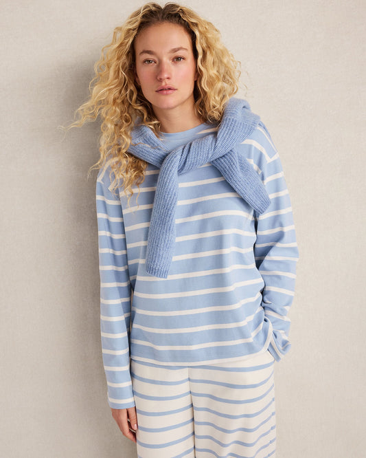 BRUSHED COTTON INTERLOCK STRIPE CREWNECK | Talbots