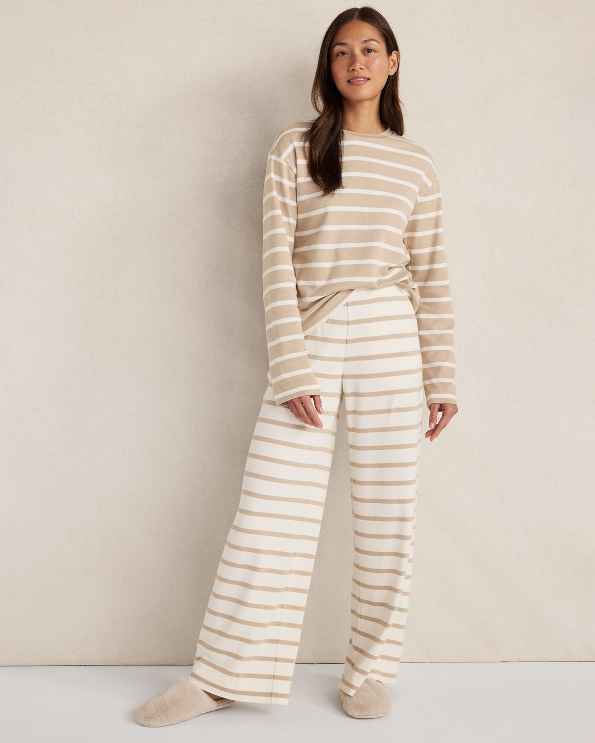 BRUSHED COTTON INTERLOCK STRIPE PANTS | Talbots